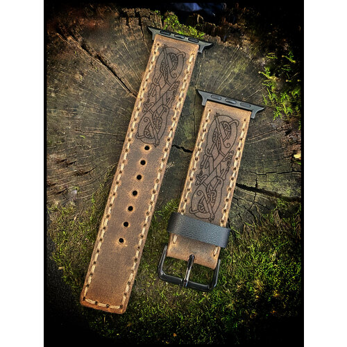 Ремешок из натуральной кожи для Apple Watch 42/44/45 mm / Скандинавский Орнамент / 170-200мм / Светло-коричневый