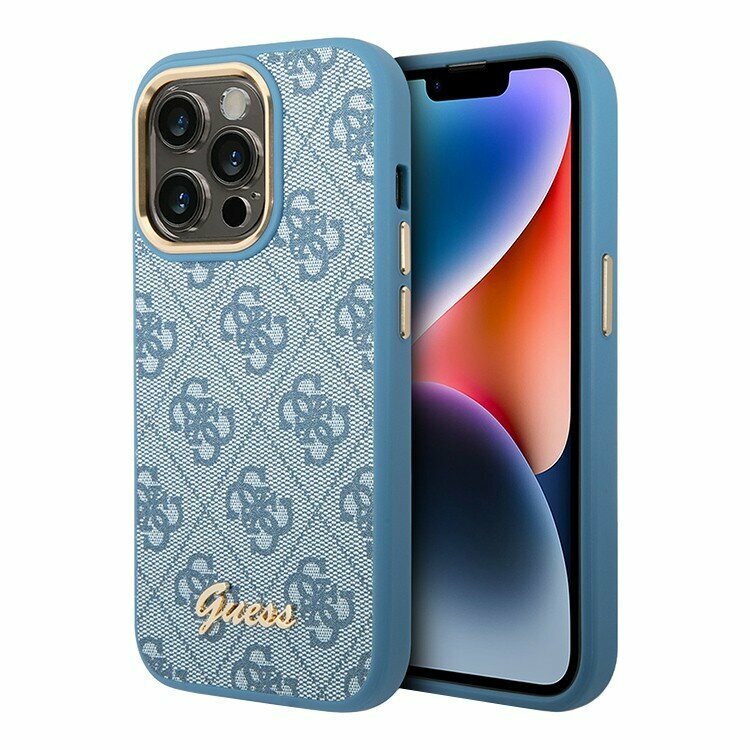 Чехол Guess PU 4G Script metal logo Hard для iPhone 14 Pro, голубой