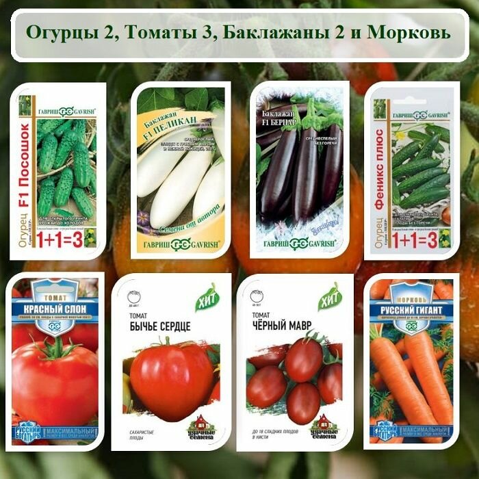 Набор семян овощей из 8 пачек - Морковь, Баклажаны, Томаты и Огурцы.