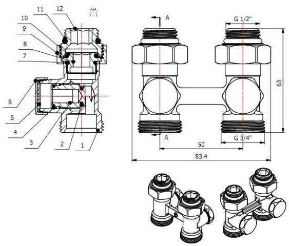 Узел подключения радиатора AV Engineering AVE289004, 3/4 дюйма, прямой вентильный — фото 1