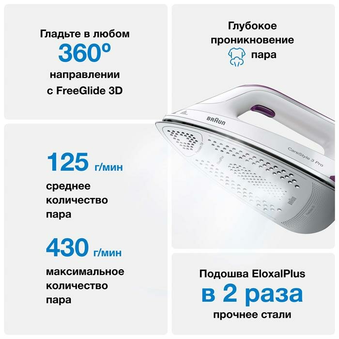 Парогенератор BRAUN CareStyle 3 IS3155VI (Цвет: Белый / Фиолетовый; Подошва: Eloxal 3D) — фото 1