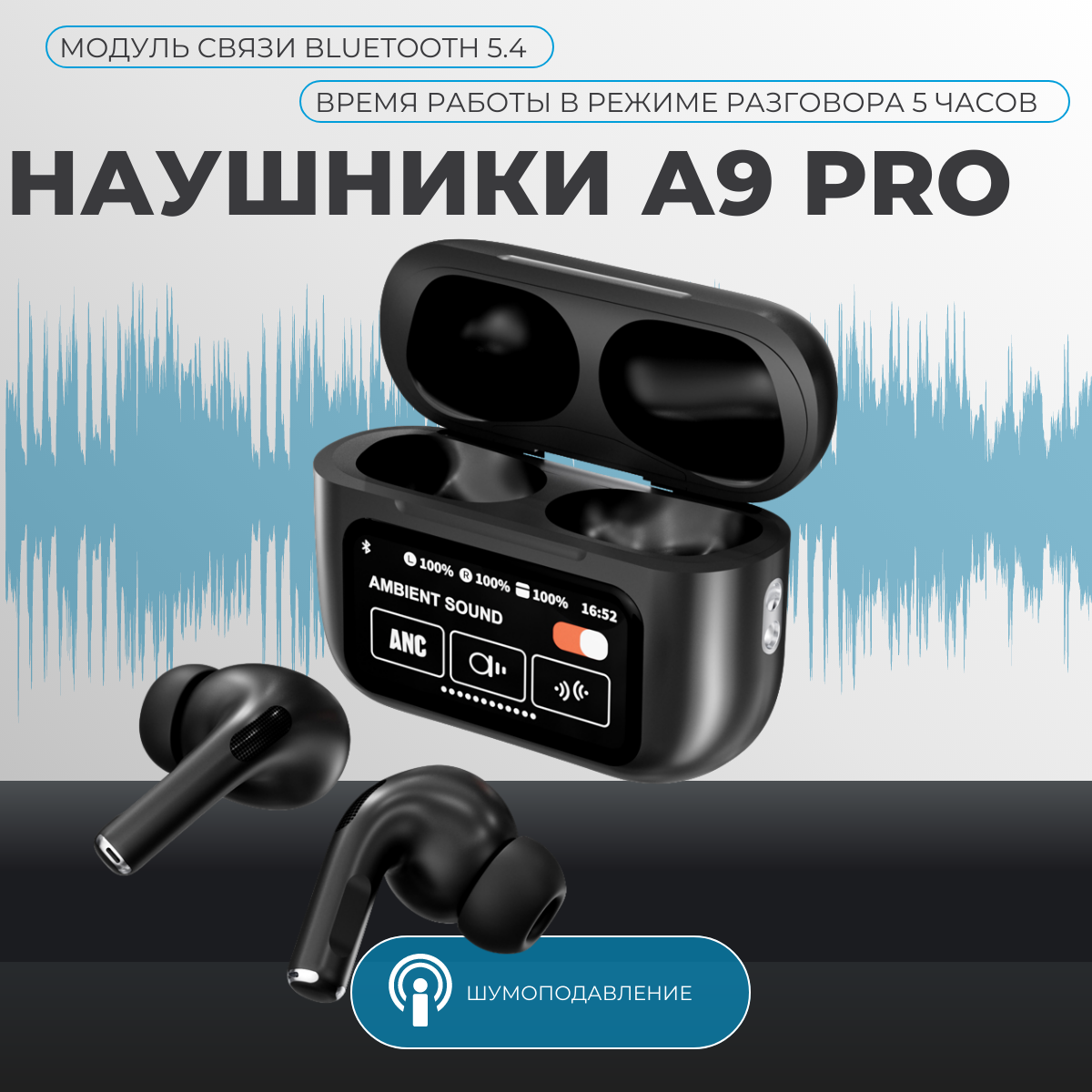 Наушники беспроводные A9 PRO, микрофоном, шумоподавлением, интеллектуальный сенсорные экран, наушники для iOS/Android с экраном, черные