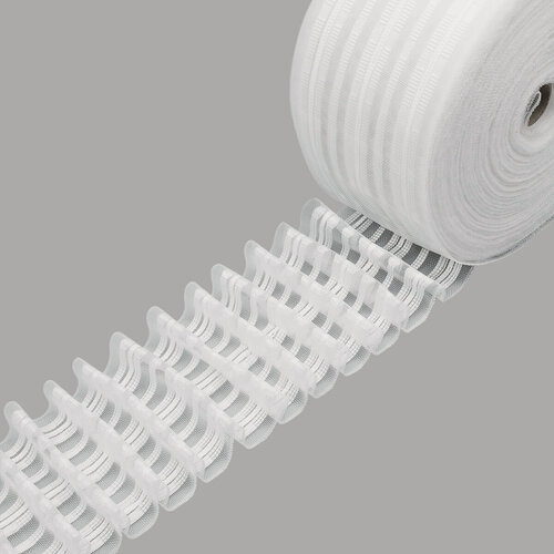 Изображение товара Шторная лента с петлями для крючков 10см*50м 'Параллельная складка', 8 рядов петель, 3 шнура, прозрачная, Caron Textil