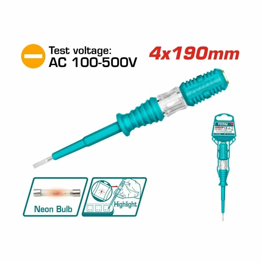 Отвертка индикаторная с прямым шлицем 4x190 мм TOTAL THT291908