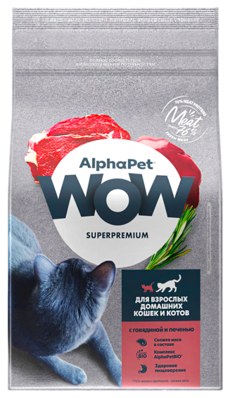 Корм сухой Alphapet WOW Superpremium с говядиной и печенью для взрослых домашних кошек и котов, 1,5 кг