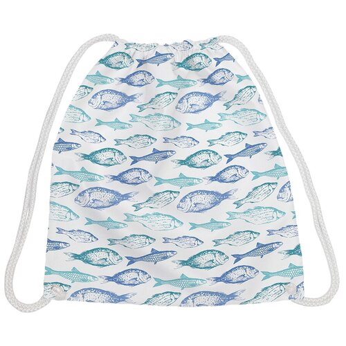 фото Joyarty рюкзак-мешок зеленые и синие рыбки (bpa_82406v1) белый/голубой