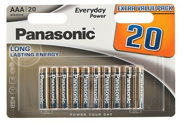 Panasonic Батарейка алкалиновая Panasonic Everyday Power, AAA, LR03-20BL, 1.5В, блистер, 20 шт.