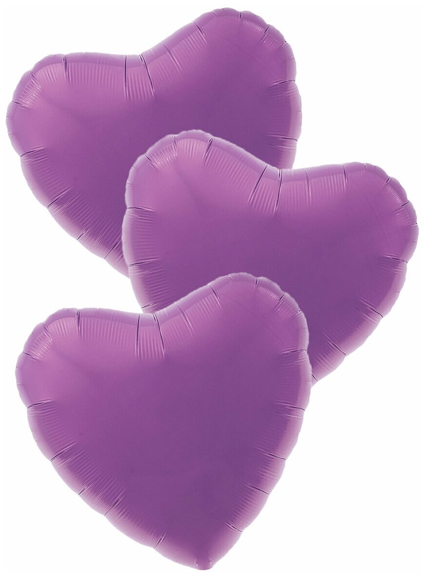 Воздушные шары фольгированные Agura Сердца, Металлик, Фиолетовый, 46 см, набор 3 шт