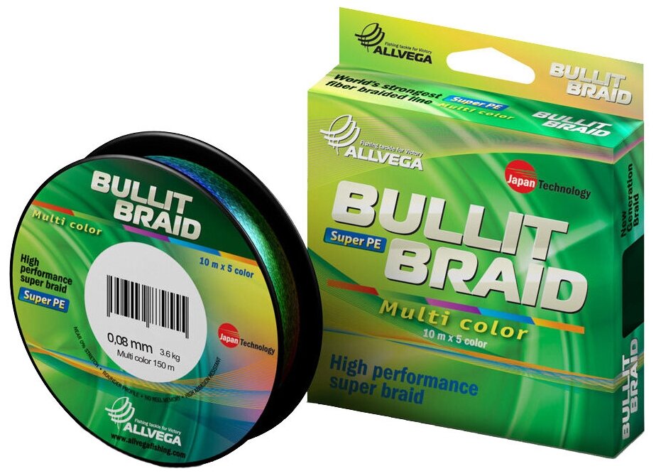 Плетеный шнур ALLVEGA BULLIT BRAID d=0.08 мм, 150 м, 4.5 кг, мультиколор, 1 шт.