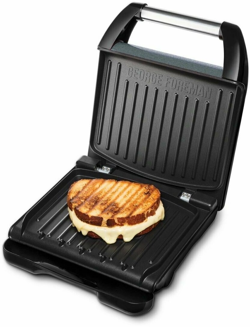 Гриль электрический George Foreman Steel 25041-56 серый, на 5 порций, 1650 Вт, температура до 225 градусов, нержавеющая сталь, с антипригарным покрытием и вертикальным хранением