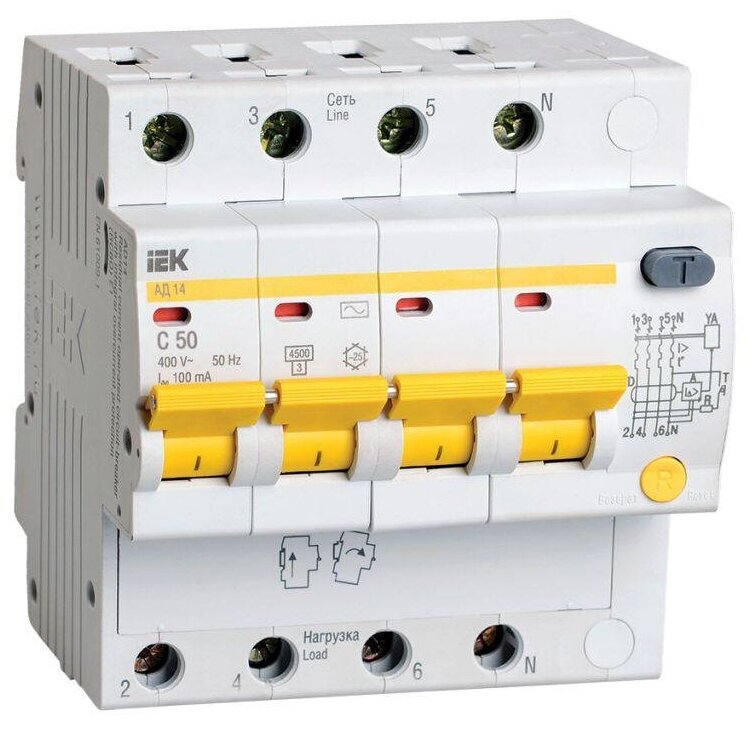 Выключатель автоматический дифференциального тока 4п C 50А 100мА тип AC 4.5кА АД-14, IEK MAD10-4-050-C-100 (1 шт.)