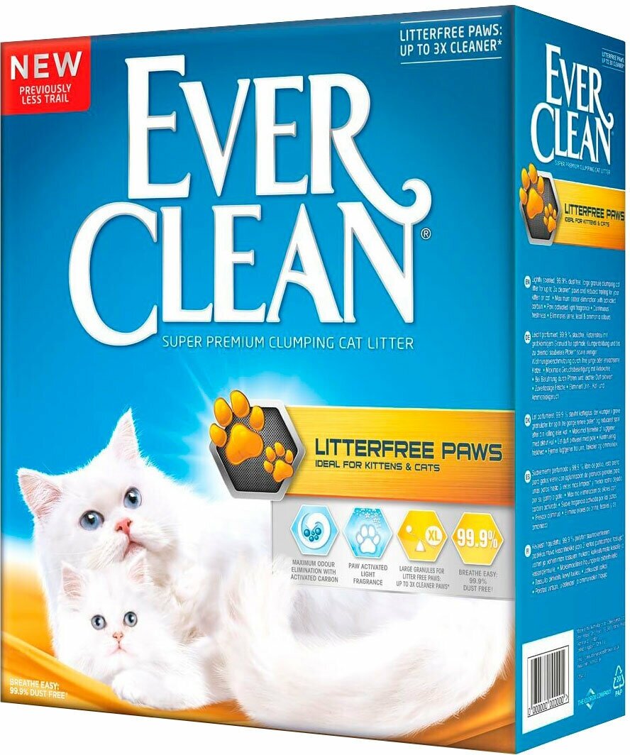 EVER CLEAN LITTERFREE PAWS наполнитель комкующийся для туалета длинношерстных кошек для идеально чистых лап с ароматом свежести желтая полоска (6 л)