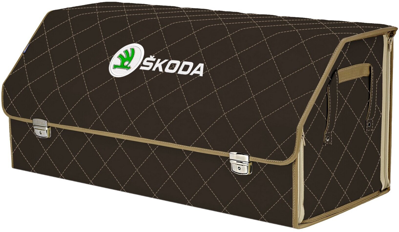 Органайзер-саквояж в багажник "Союз Премиум" (размер XXL). Цвет: коричневый с бежевой прострочкой Ромб и вышивкой Skoda (Шкода).