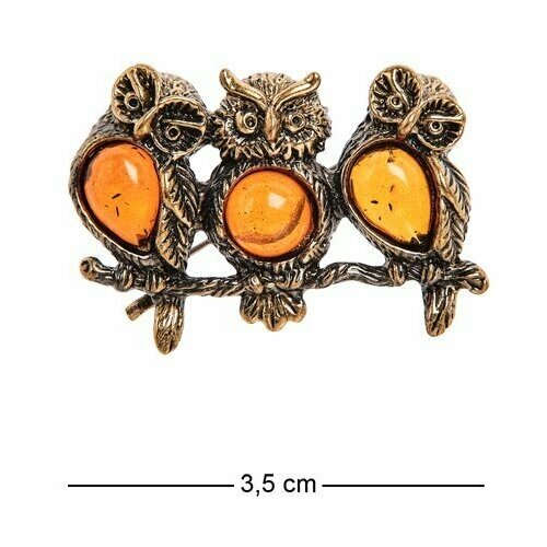 Брошь Совушки трио (латунь, янтарь) AM-2394 113-708800