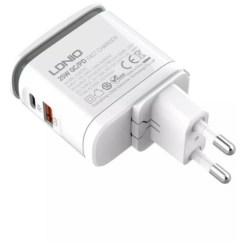 Сетевое зарядное устройство, LDNIO, A2423C, 25W, PD + QC 3.0 + Кабель Type-C, 2 USB, White зарядное устройство ldnio a2522c pd qc 3 0 2xusb cable usb type c white ld c3452