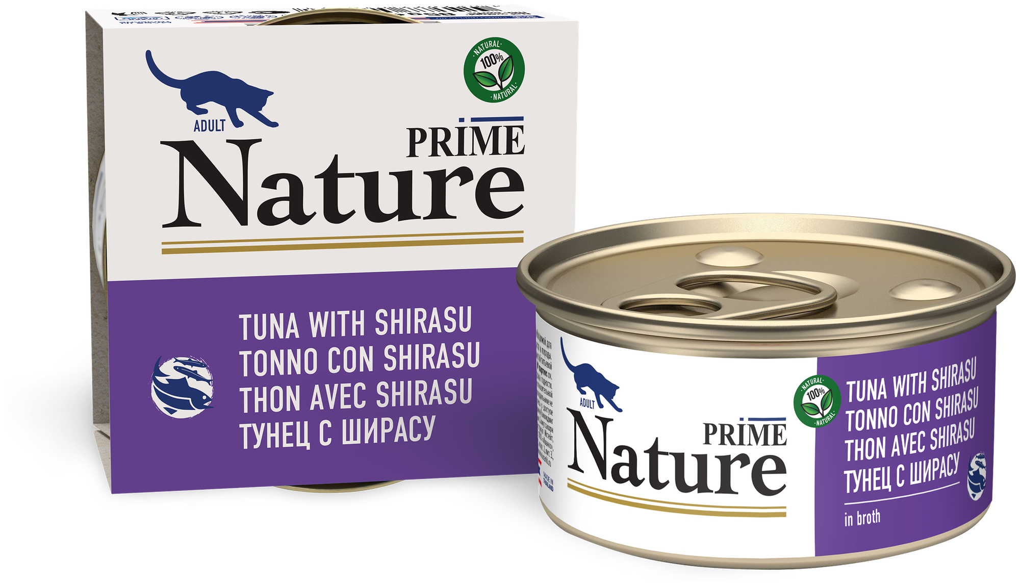 Prime Nature влажный корм для кошек, тунец с ширасу в бульоне (24шт в уп) 85 гр