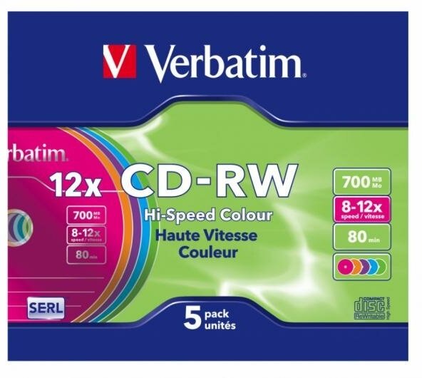 Диски CD-RW Verbatim 700Mb 12x SlimCase 5шт Color 43167