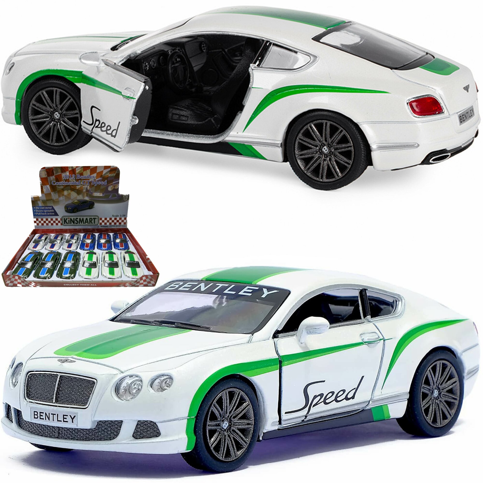 Металлическая машинка Kinsmart 1:38 "2012 Bentley Continental GT Speed с принтом" KT5369DF, инерционная / Белый