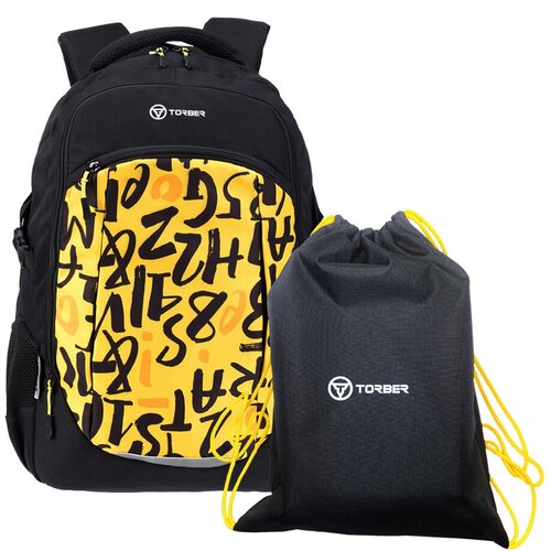 Рюкзак TORBER CLASS X, черно-желтый с принтом, 46 x 32 x 18 см + Мешок для сменной обуви в подарок! TORBER MR-T9355-22-BLK-YEL-M