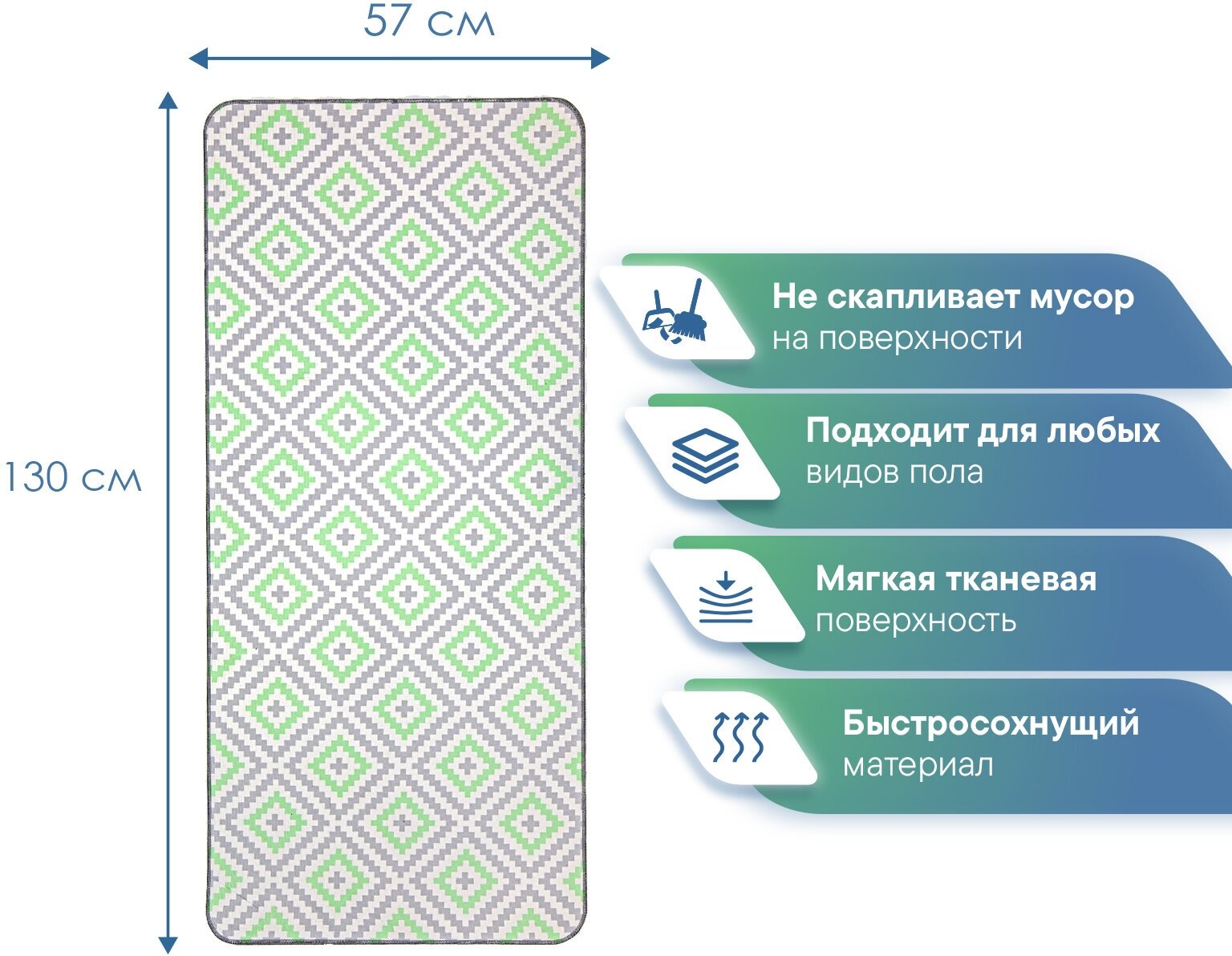 Ковровая дорожка , коврик безворсовый , противоскользящий , напольный "Уютный дом" 57х130 см серый зелёный