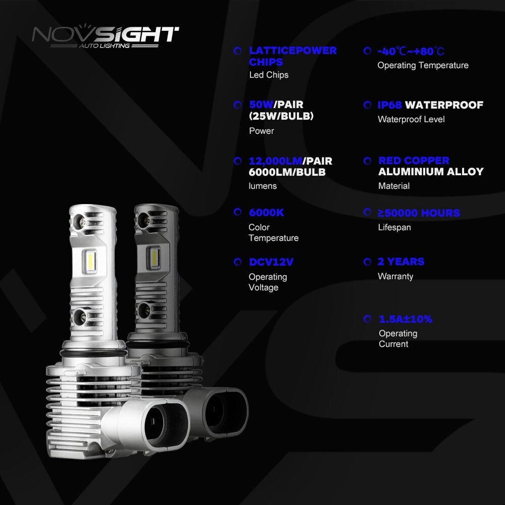 Светодиодная лампа Novsight N36 HB3 9005 цоколь P20d 50Вт 2 6000К белый свет LED автомобильная