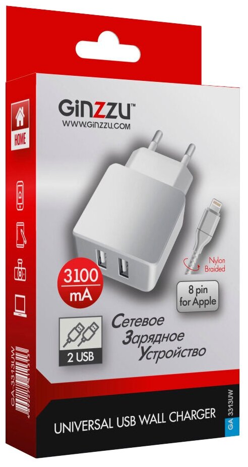 USB-зарядка Ginzzu GA-3313UW