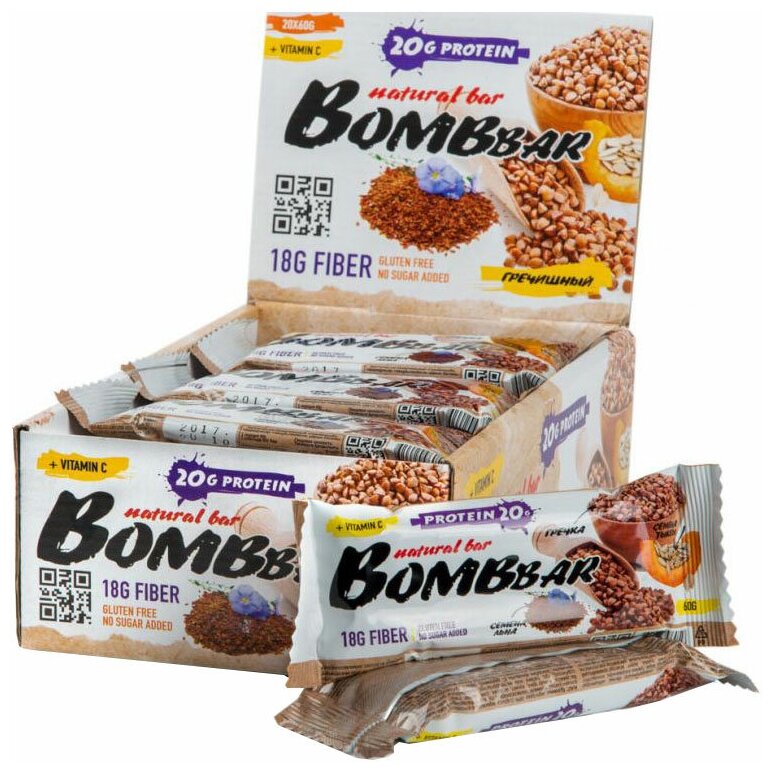 Протеиновый батончик Bombbar Protein Bar 20 x 60 г, Гречишный