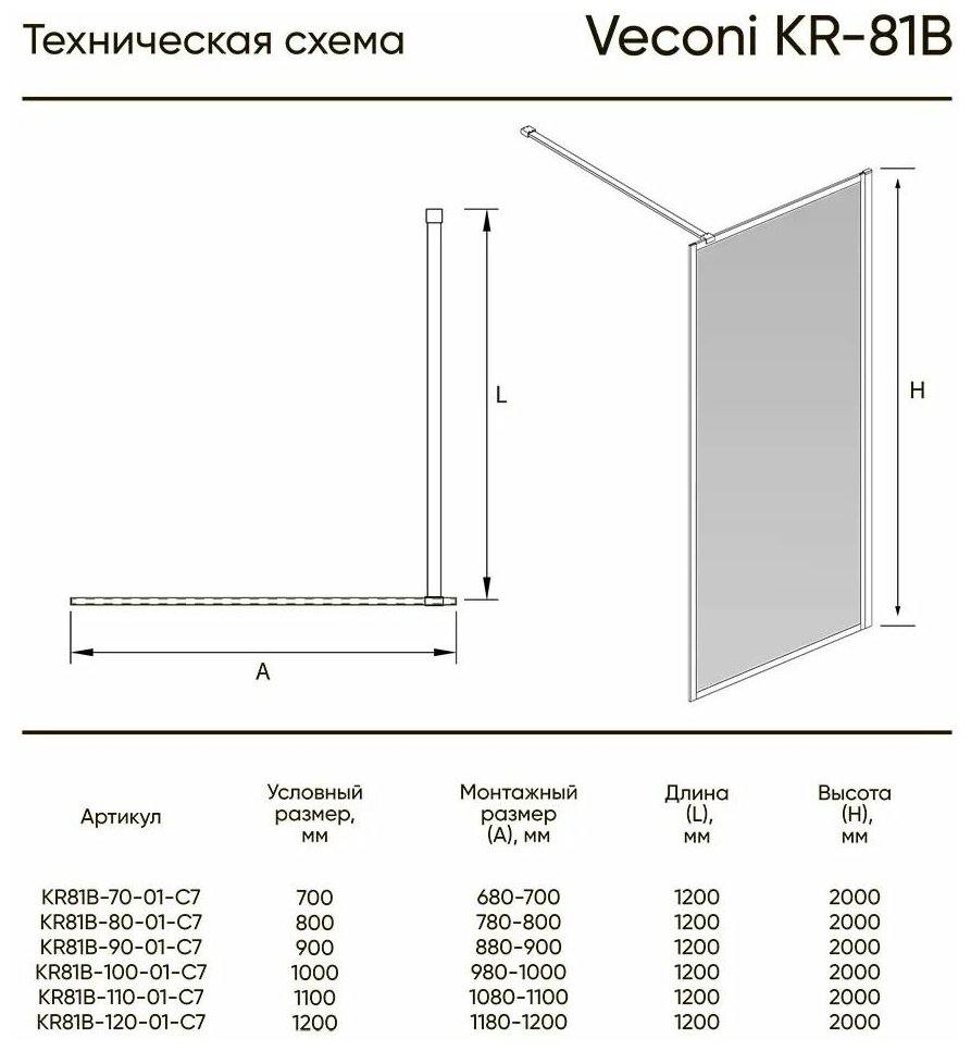 Душевая перегородка со штангой Veconi KR-81B 70 см., профиль черный матовый, прозрачное стекло 8 мм - фотография № 4
