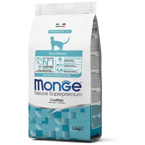 Сухой корм для стерилизованных кошек Monge Monoprotein, , с треской 1.5 кг monge cat speciality line monoprotein sterilised полнорационный сухой корм для стерилизованных кошек с треской 1 5 кг