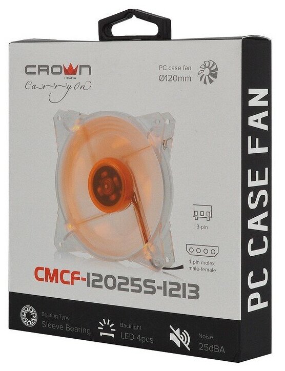 Вентилятор CROWN 120*120*25 1500об/мин 20дБ 4LED 3pin+MOLEX CMCF-12025S-1213, оранжевый