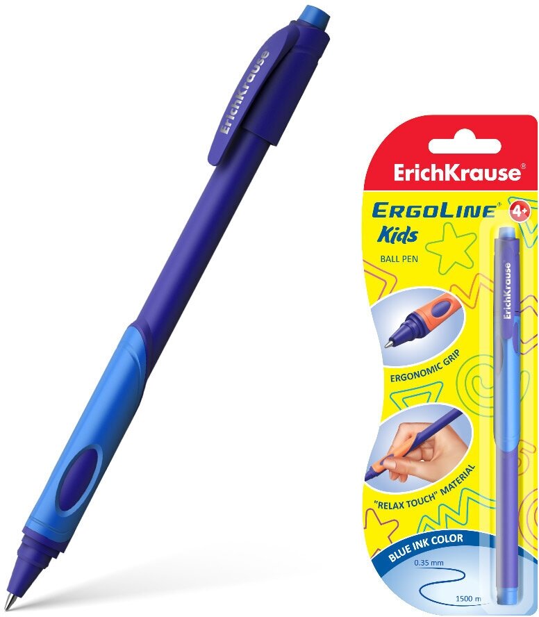 ErichKrause Ручка шариковая Ultra Glide ErgoLine Kids, эргономичный грип, узел 0.7 мм, чернила синие, длина письма 1500 метров, микс, блистер