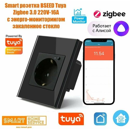 Умная розетка BSEED, встраиваемая, одинарная, закаленное стекло,Zigbee 3.0, 220V-16A, цвет-Черный