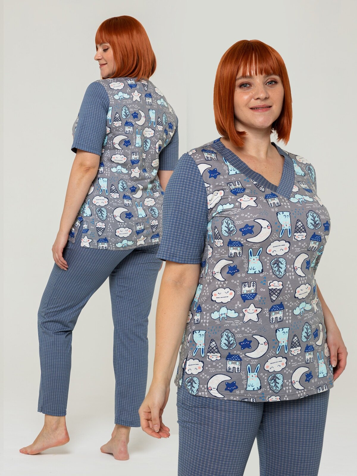 Пижам женская Алтекс с футболкой и штанами сине-серый, размер 50 - фотография № 1