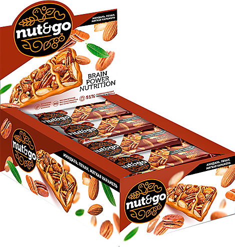 Nut&Go, батончик с миндалём, пеканом, карамелью, морской солью, 18 штук по 36 грамм