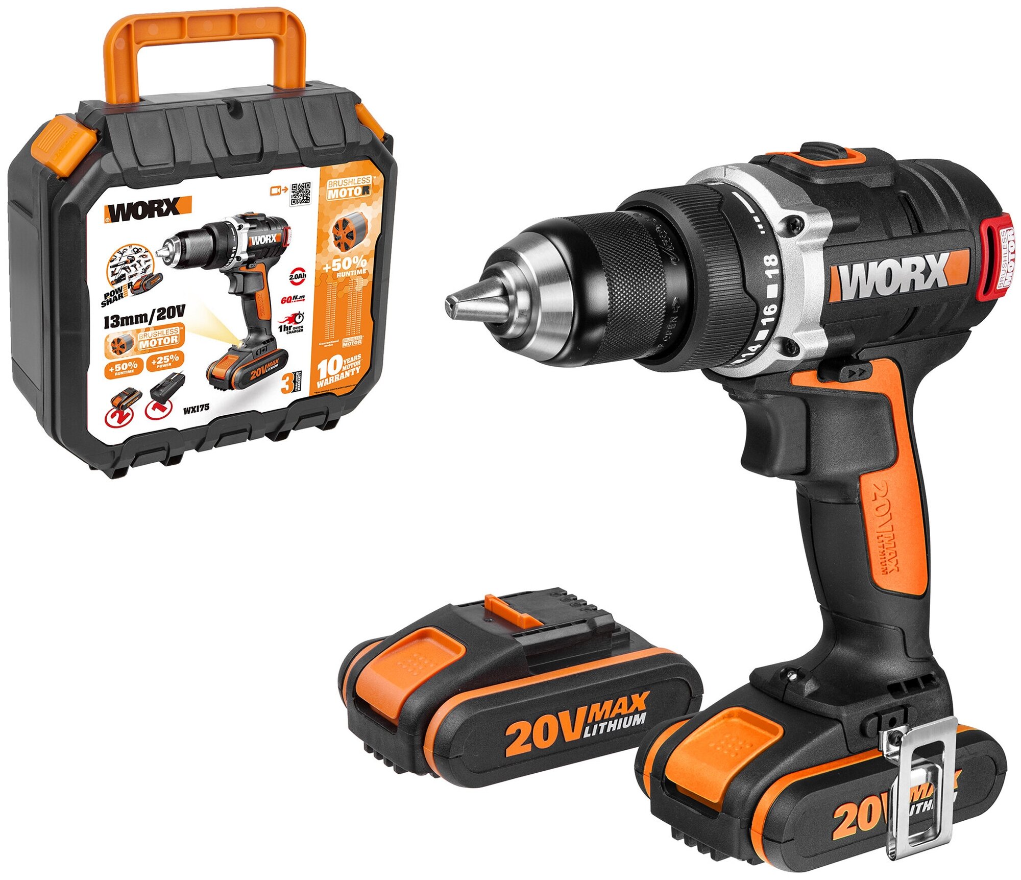 Дрель-шуруповерт WORX WX175 20V 60Нм аккумуляторная бесщеточная с двумя 2Ач батареями, 2А зарядкой и кейсом