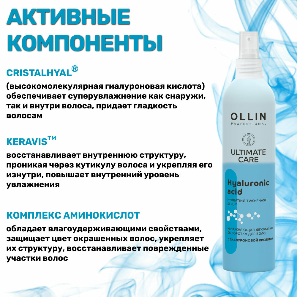 OLLIN ULTIMATE CARE Увлажняющая двухфазная сыворотка для волос с гиалуроновой кислотой, 250мл