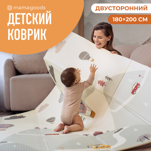 фото Детский коврик для ползания складной двухсторонний игровой термоковрик mamagoods 180х200 горы и зверята