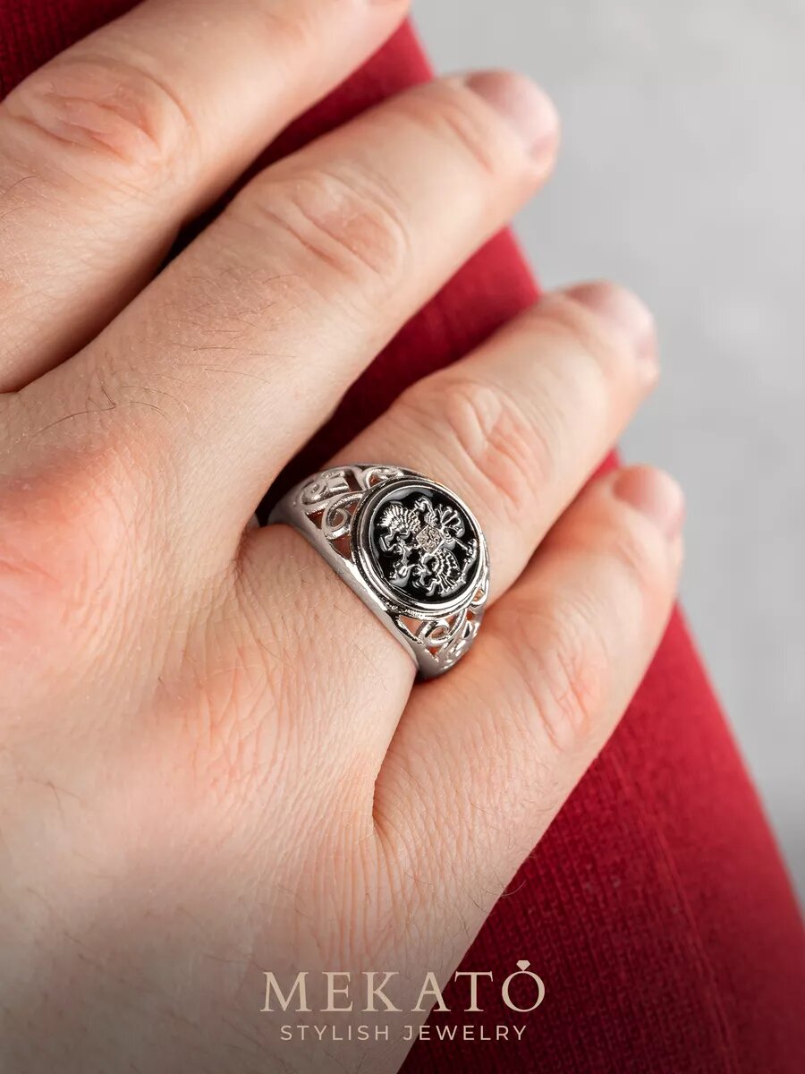 Печатка МЕКАТО, размер 19, серебряный, черный — фото 1