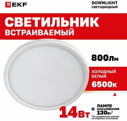 Светильник встраиваемый светодиодный EKF ДВО 1008 14Вт 6500K IP20