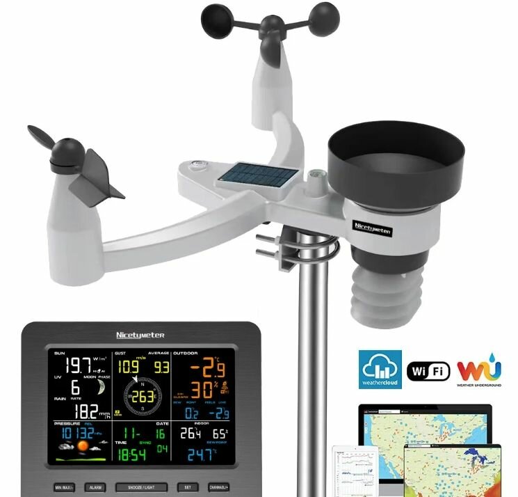 2024 Новейшая беспроводная метеостанция NicetyMeter FT0360-025T с Wi-Fi, Скорость ветра, направление ветра, температура, влажность, осадки, УФ-индекс, датчик наружной освещенности