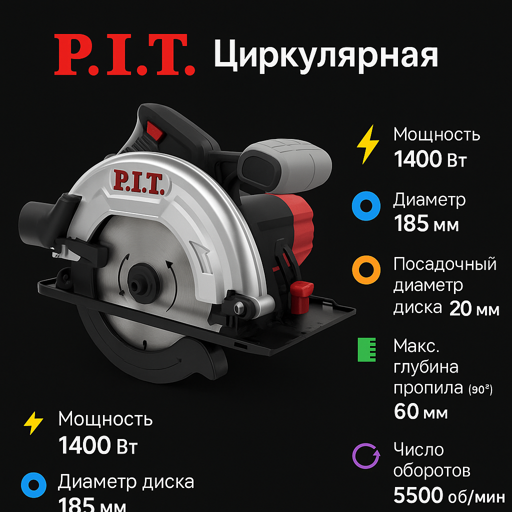 Циркулярная пила P.I.T. 1400 Вт, 5500 об/мин, диск 185 мм, глубина пропила 60 мм PKS185-C3