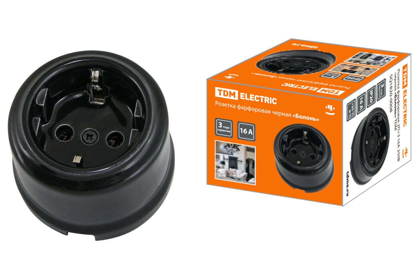 Розетка фарфоровая 1м с/з 16А 250В черная Болонь TDM