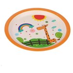 Набор детской посуды из бамбука «Жирафик и радуга», 5 предметов: тарелка, миска, стакан, столовые приборы - изображение