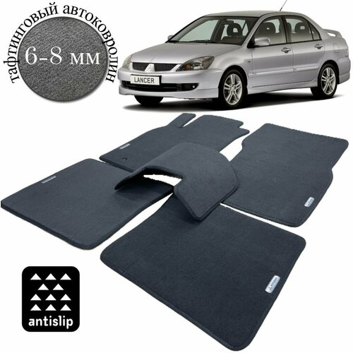 Ворсовые коврики для MITSUBISHI LANCER (IX) / Митсубиси Лансер 9 / 2000-2010 + 2 логотипа велюровые текстильные автоковрики в машину