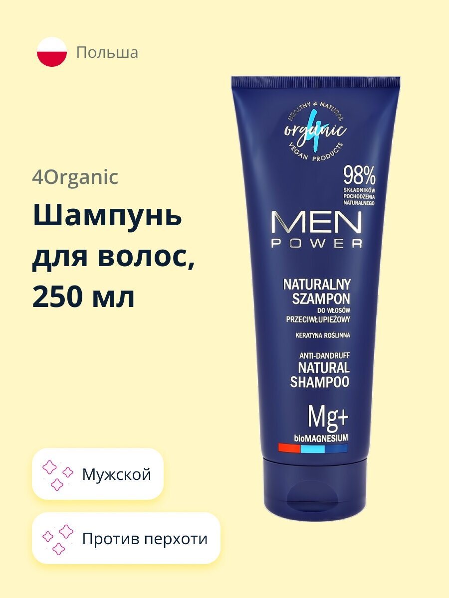 Шампунь для волос 4ORGANIC MEN POWER мужской (против перхоти) 250 мл