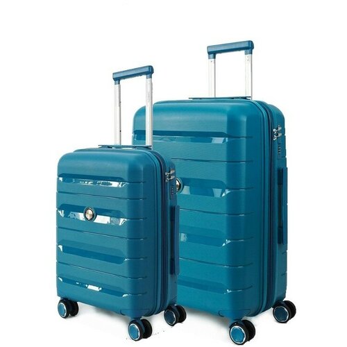 фото Умный чемодан ambassador, 2 шт., полипропилен, увеличение объема, водонепроницаемый, рифленая поверхность, опорные ножки на боковой стенке, 80 л, размер s/m, бирюзовый