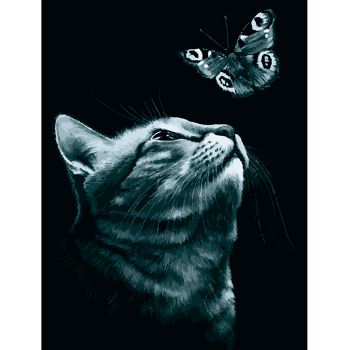 фото Картина по номерам на холсте белоснежка "бабочка" / раскраска / холст на подрамнике 30х40 см. / домашние животные / питомцы / кот черный / кошка с бабочкой
