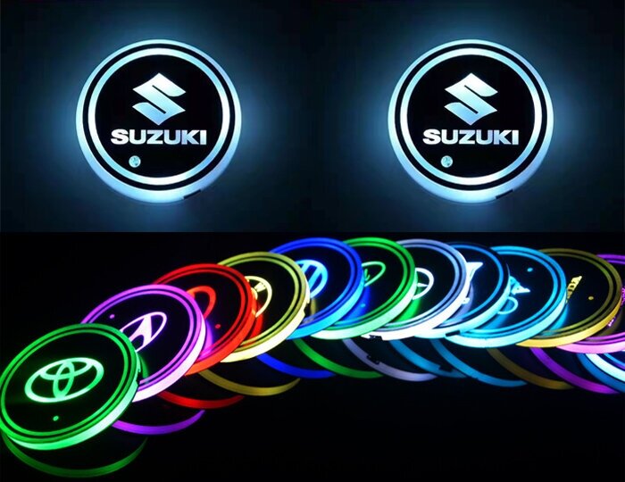 Светодиодная подсветка в автомобильные подстаканники с логотипом марки автомобиля SUZUKI комплект 2 шт.