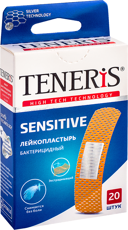 Лейкопластырь Teneris Sensitive бактер. с ионами серебра на нетканой основе телесный 20 шт