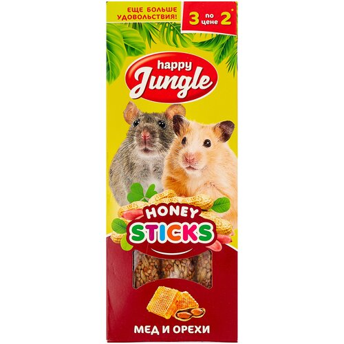 Лакомство для кроликов, хорьков, грызунов Happy Jungle Honey sticks Мед и орехи, 90 г, 3 шт. в уп. лакомство для happy jungle honey sticks мед и орехи 3 шт в уп
